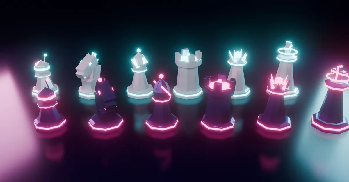 The full set of neon chess pieces