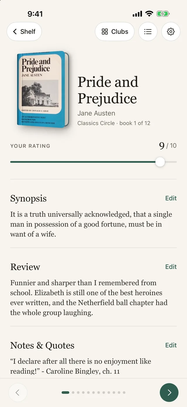 A book page with rating, synopsis, review and quotes