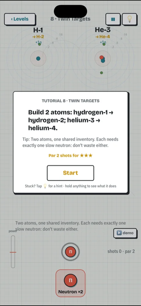 A goal card: build hydrogen-2 and helium-4 from one shared set of neutrons